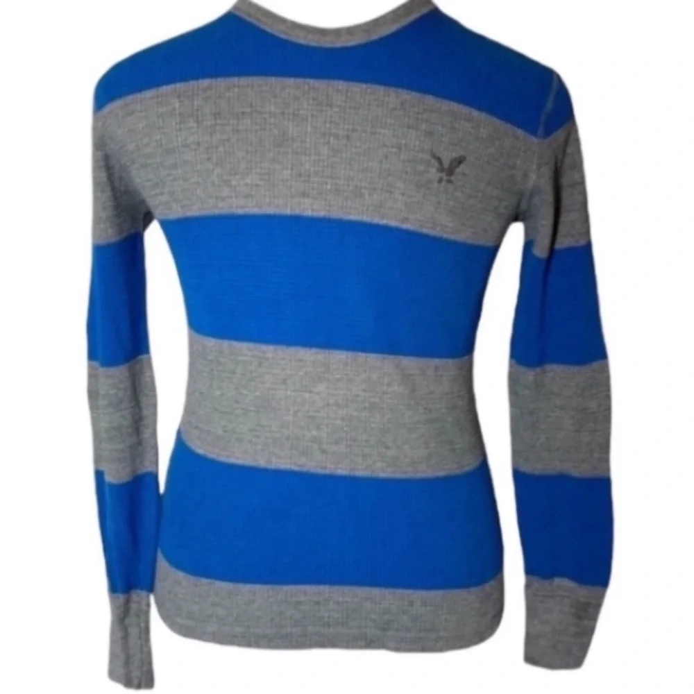 American Eagle Shirt Thermal Striped Sweater Gray Blue Long Sleeve Stripes Knit - Picture 8 of 16